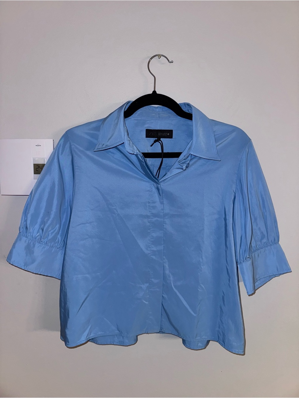 Zara Light Blue Short Sleeve Button-Front Crop Top